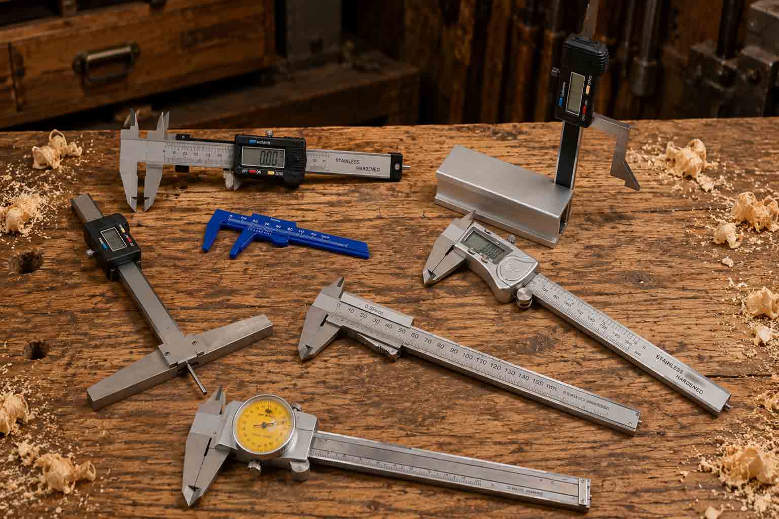 Messschieber auf einer Werkbank – analoge und digitale Messschieber, Tiefenmessschieber, Höhenreißer, Einbauschieber und Spezial-Messschieber für Werkstatt, Handwerk und Hobby.