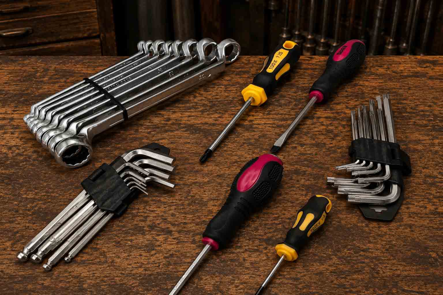 Schraubendreher, Ringmaulschlüssel, Winkelschlüssel und Torx-Werkzeuge auf einer Werkbank – Handwerkzeuge für Werkstatt, Handwerk, Garage und Heimwerker.