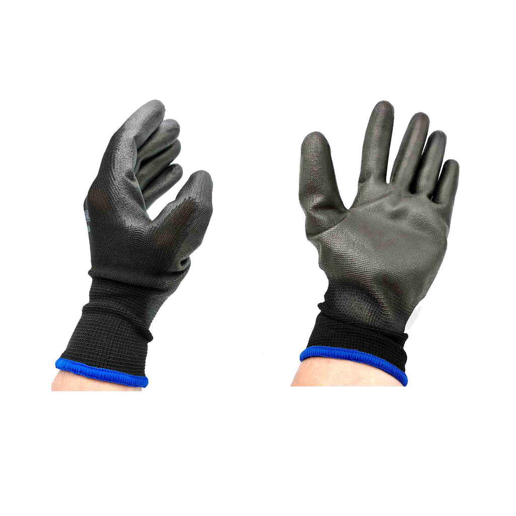 Schwarze Arbeitshandschuhe aus Nylon mit PU-Beschichtung für Werkstatt und Heimwerker Größe 9/L