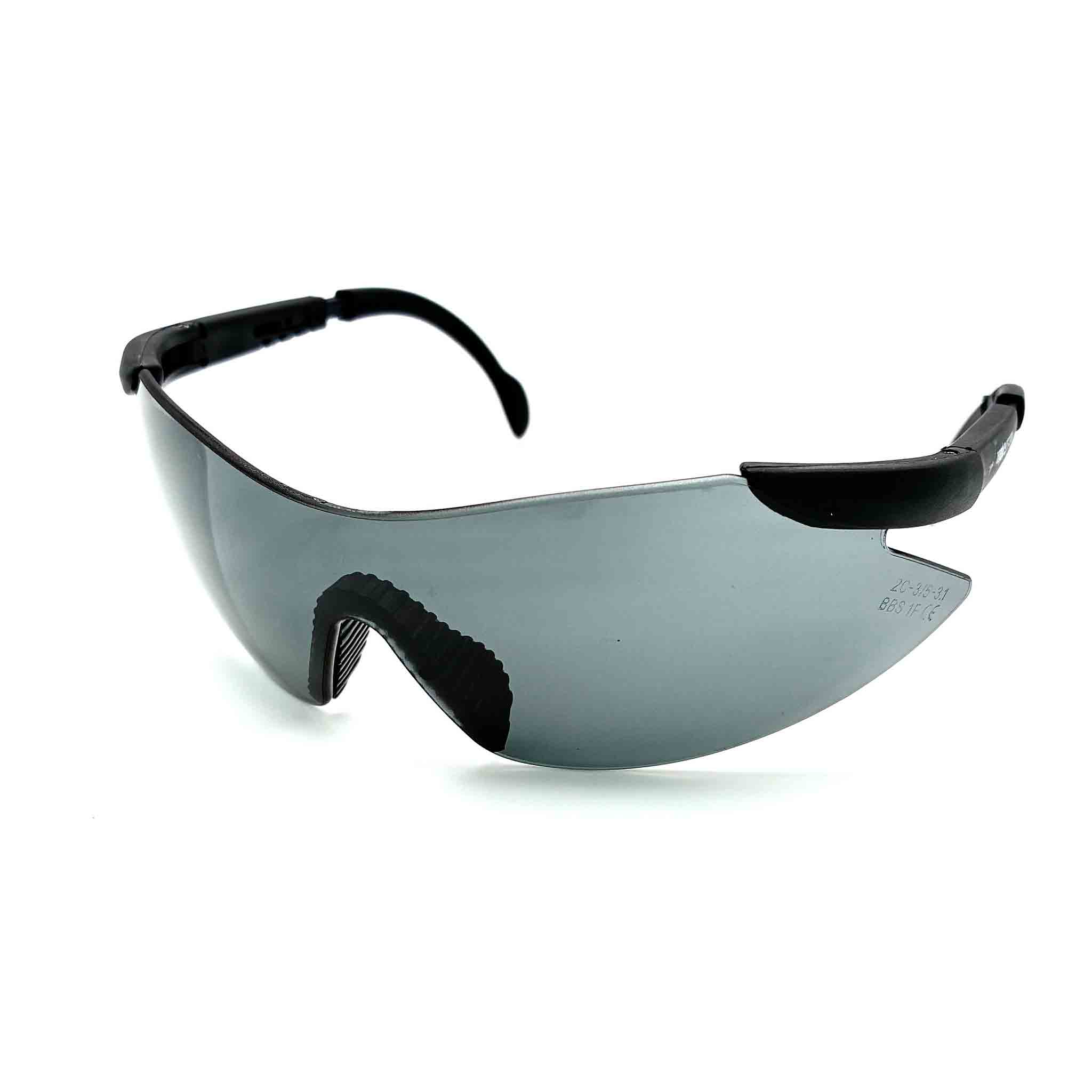 Graue Arbeitsschutzbrille mit gebogener Polycarbonat-Scheibe, Seitenschutz und schwarzem flexiblem Rahmen