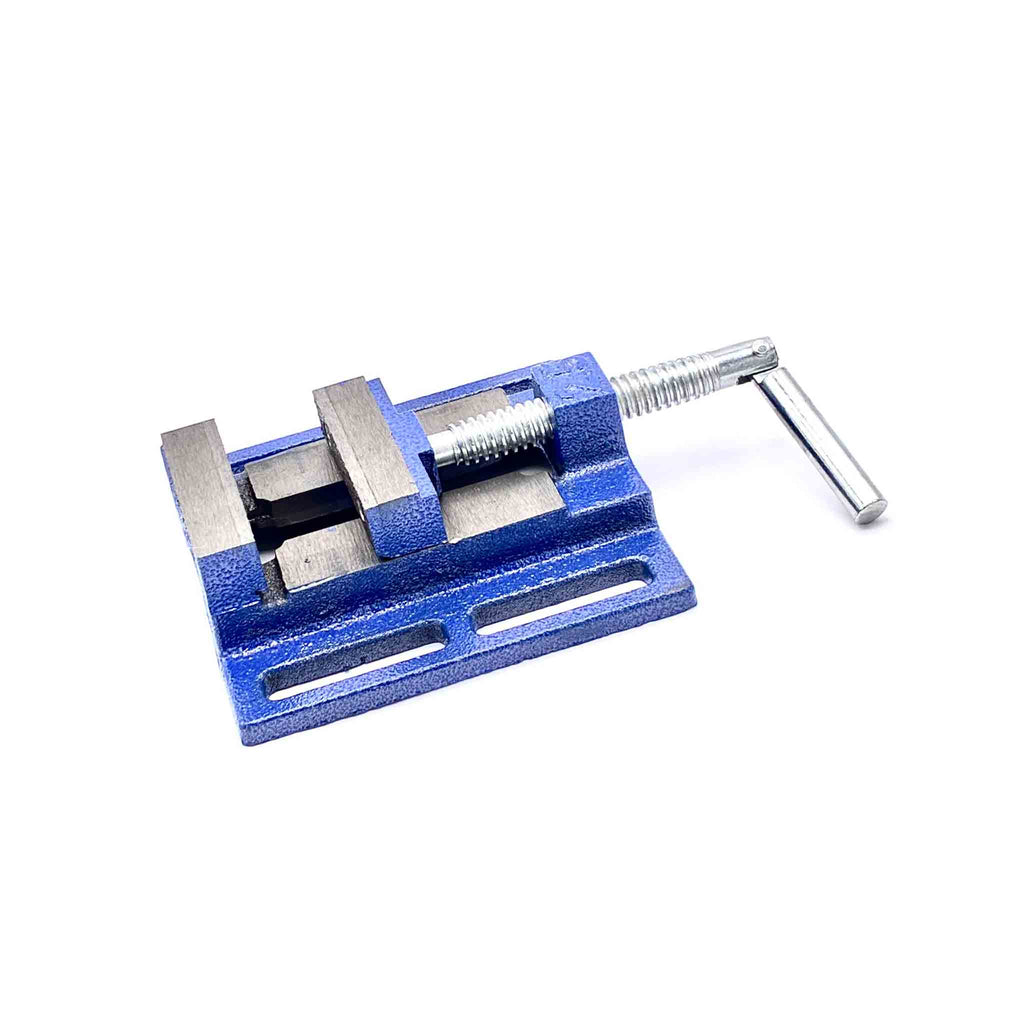 Flacher Bohrmaschinenschraubstock 65 mm in Blau mit Gewindespindel und Spannbacken aus Metall