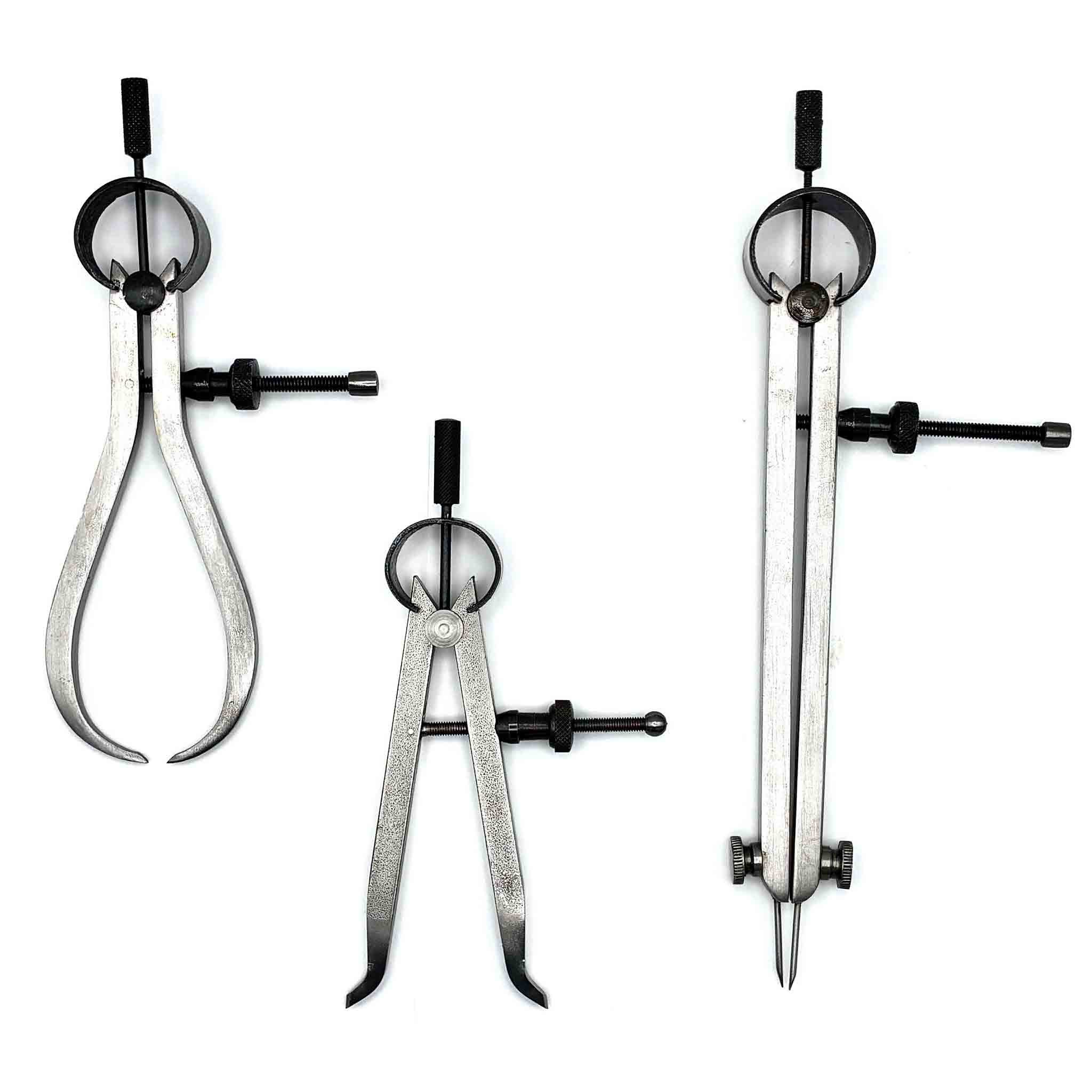Federzirkel Set aus Stahl mit Außenzirkel, Innenzirkel und Spitzzirkel in 125 mm Länge.