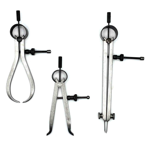 Federzirkel Set aus Stahl mit Außenzirkel, Innenzirkel und Spitzzirkel in 125 mm Länge.