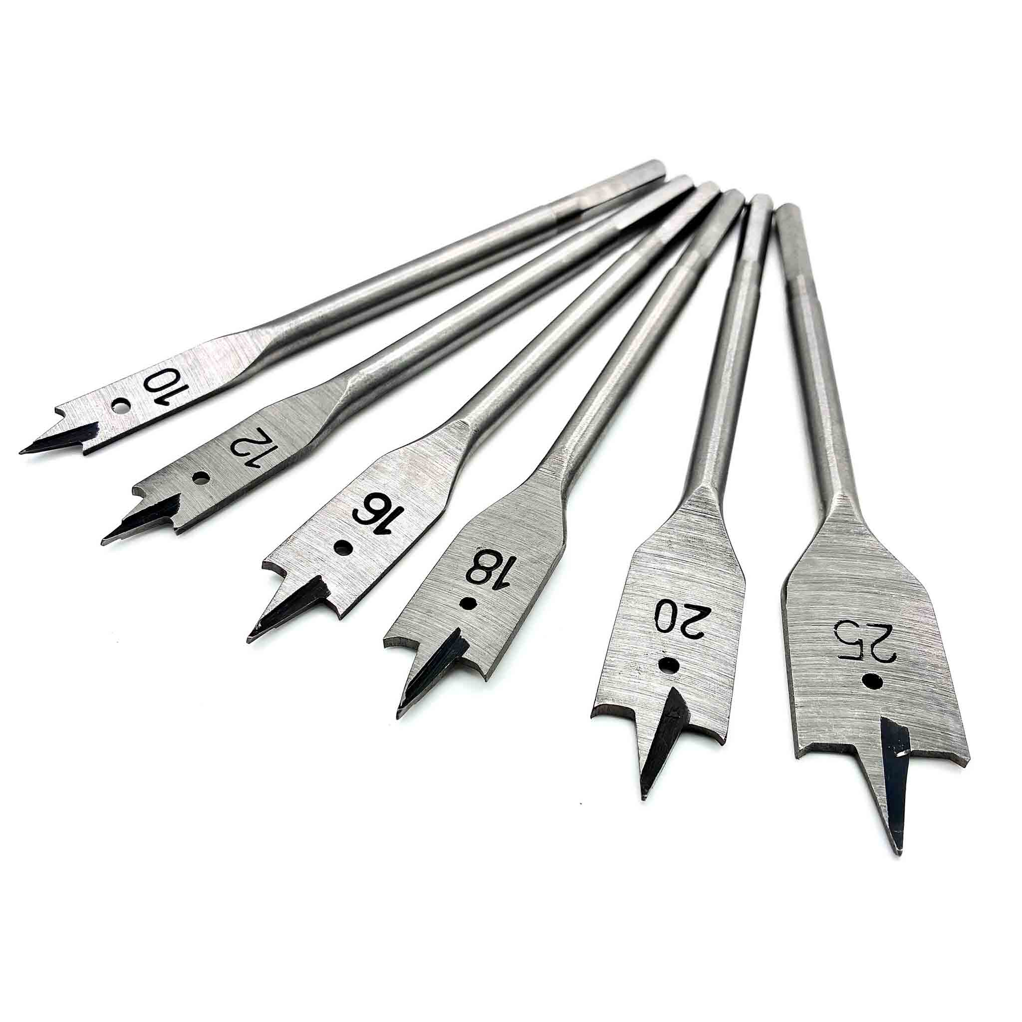 Flachfräsbohrer Set 6-teilig mit Größen 10 bis 25 mm für Holzbohrungen