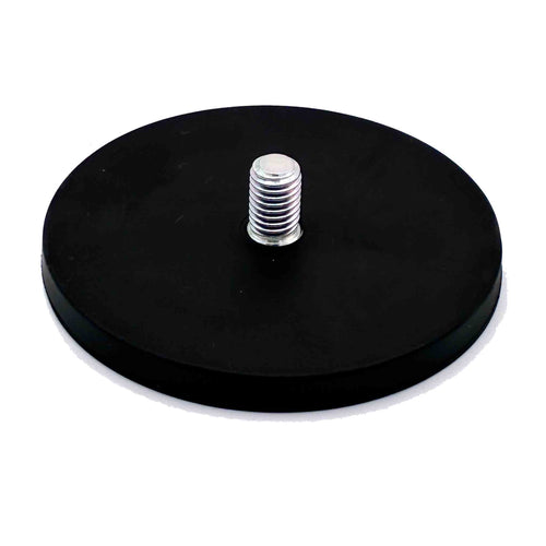 Gummierter Magnet mit M10 Gewindezapfen und 88mm Durchmesser sowie 55kg Haftkraft.