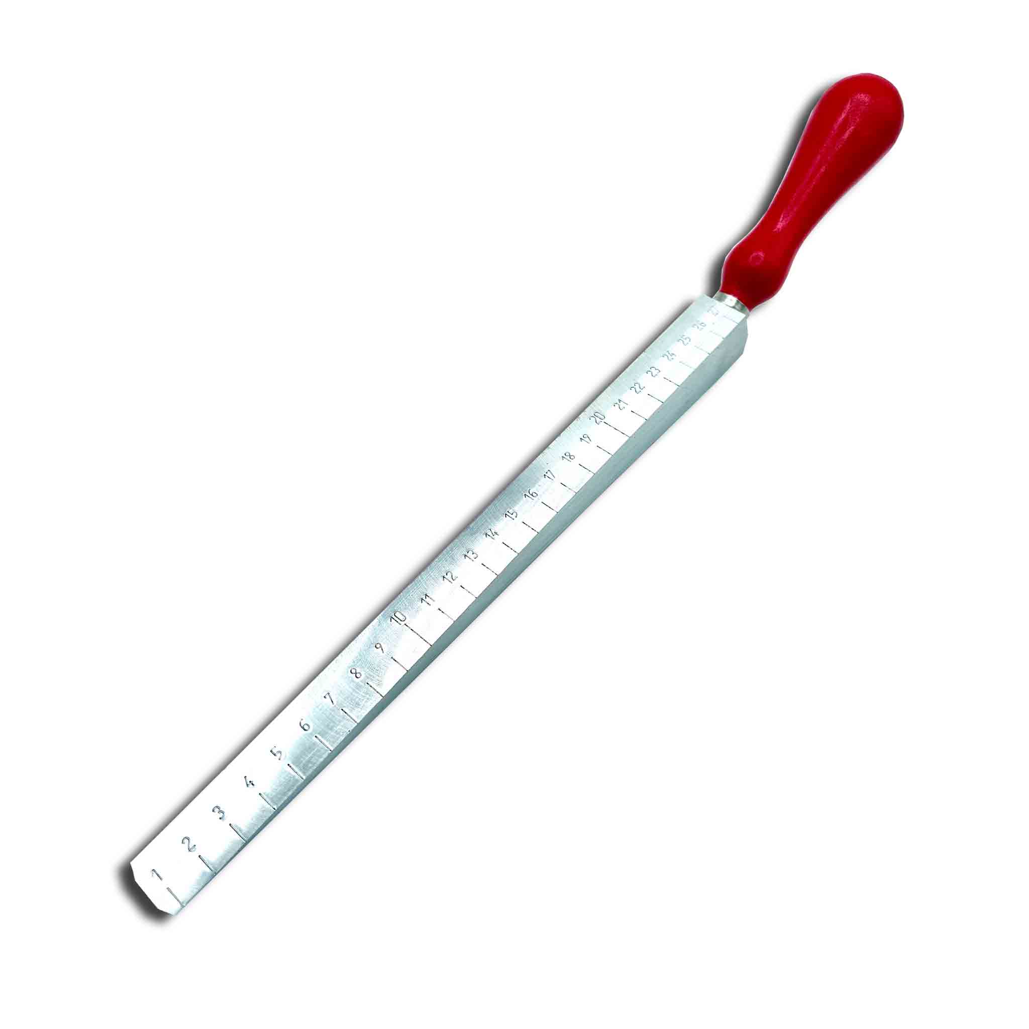 Großer Aluminium Messkeil mit Holzgriff und grober 1 mm Skalierung.