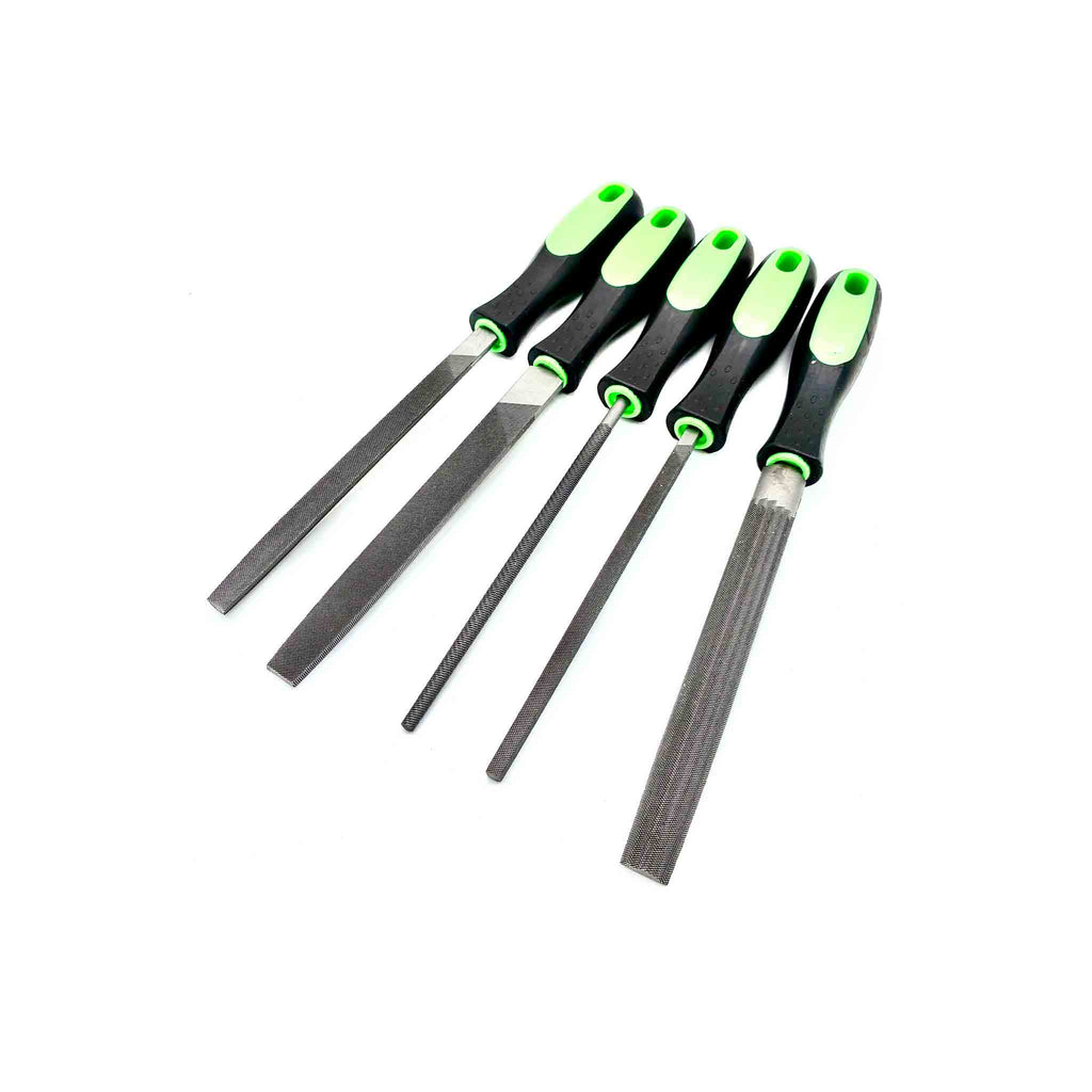 5-teiliges Metallfeilen Set mit verschiedenen Feilenformen und Kunststoffgriffen