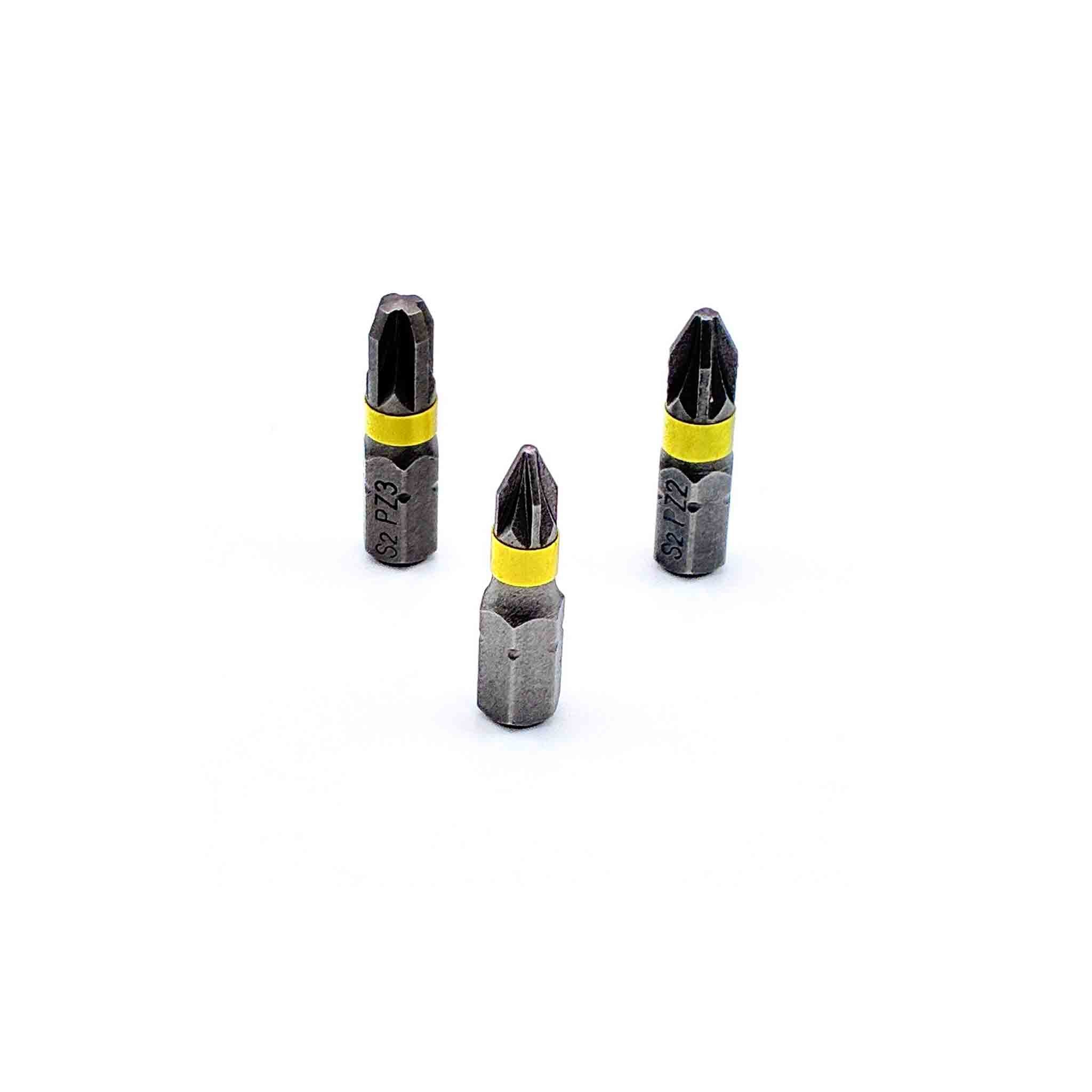 3-teiliger Pozidriv-Bitsatz aus S2-Stahl mit den Größen PZ1, PZ2 und PZ3