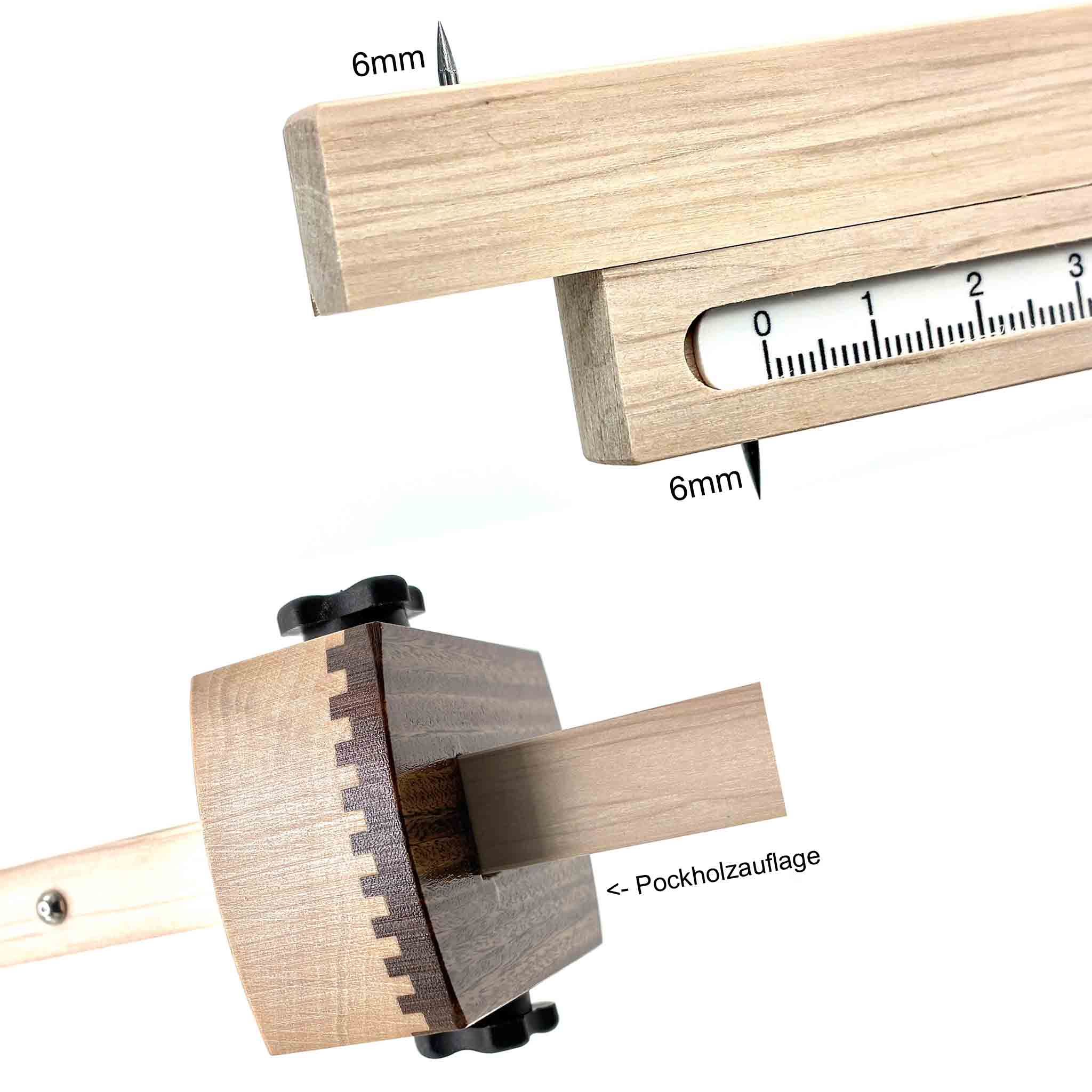 Holzstreichmaß mit zwei Anreißstäben und zwei 6mm Anreißnadeln