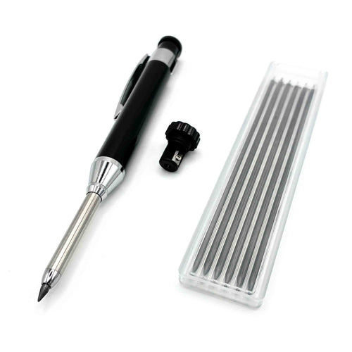 Tiefloch-Bleistift aus Aluminium mit integriertem Anspitzer und sechs Ersatzminen in Kunststoffbox