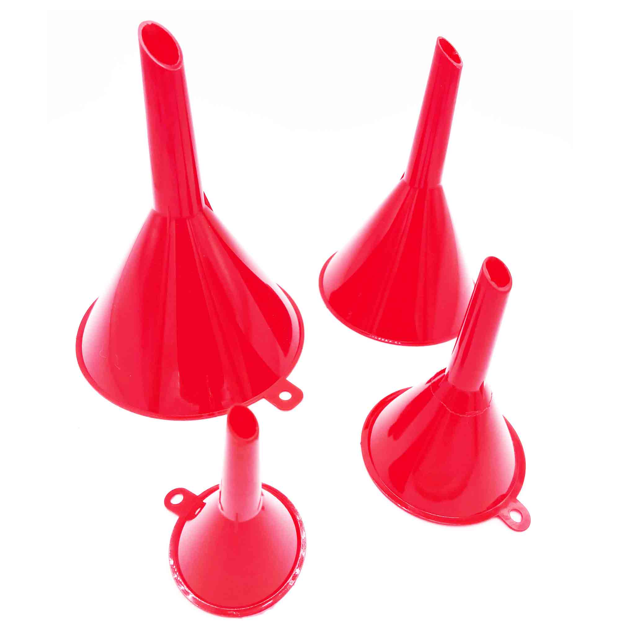 4-teiliges Einfülltrichter-Set aus rotem Kunststoff in verschiedenen Größen