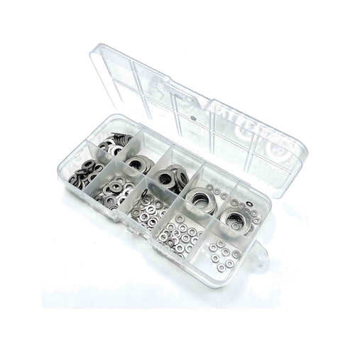 180-teiliges Unterlegscheiben Set aus rostfreiem Edelstahl M2 bis M10 in transparenter Sortierbox